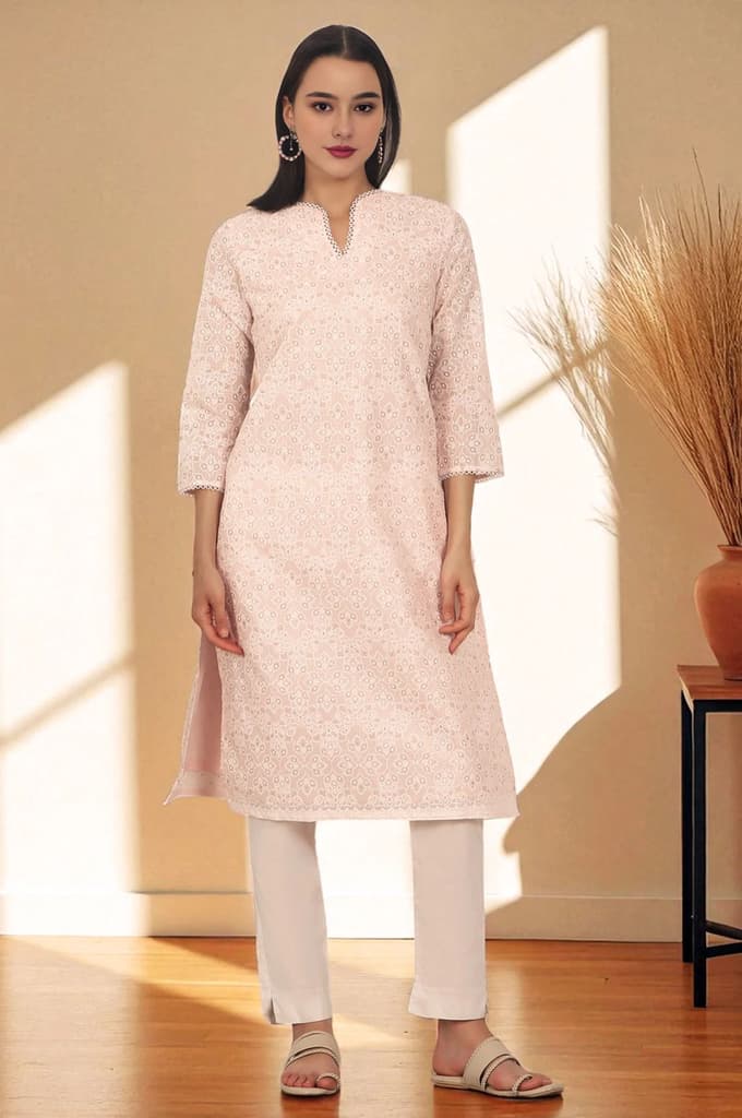 Pastel Pink Khadi Printed Kota Straight Kurta — XS