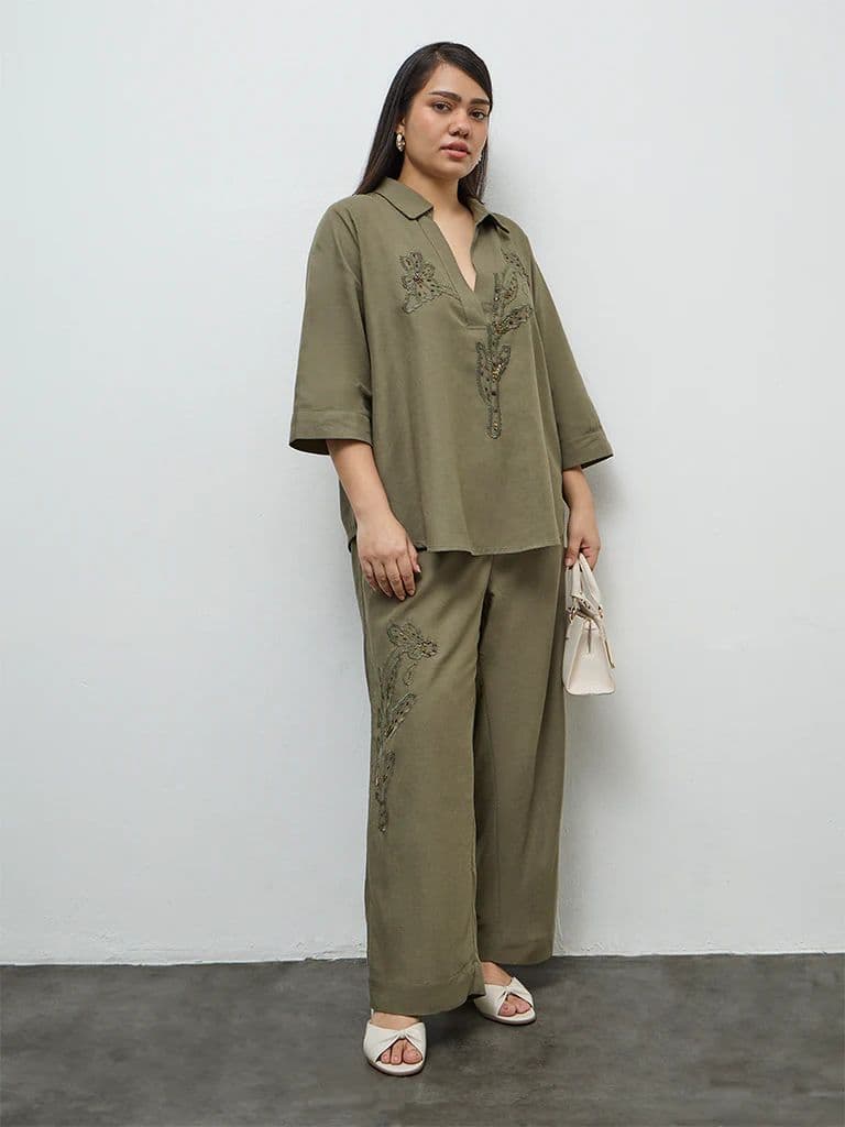 Gia Olive Floral Embellished Blouse — photo 2