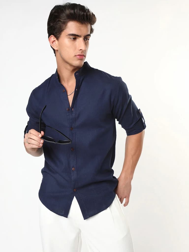 Men's Navy Linen Blend Full Sleeve Relaxed Fit Mandarin Collar Casual Solid Shirt — S / Navy