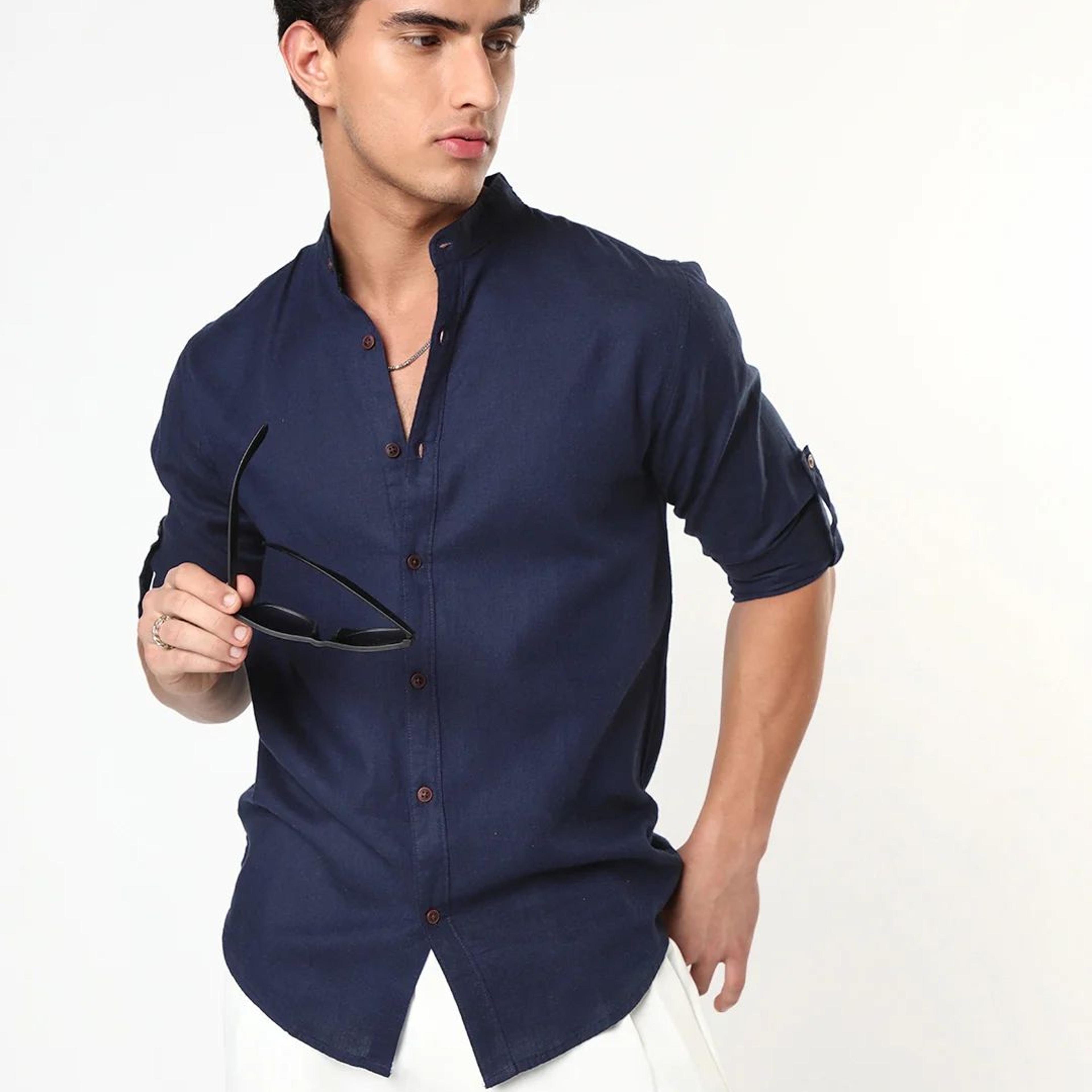 Men's Navy Linen Blend Full Sleeve Relaxed Fit Mandarin Collar Casual Solid Shirt