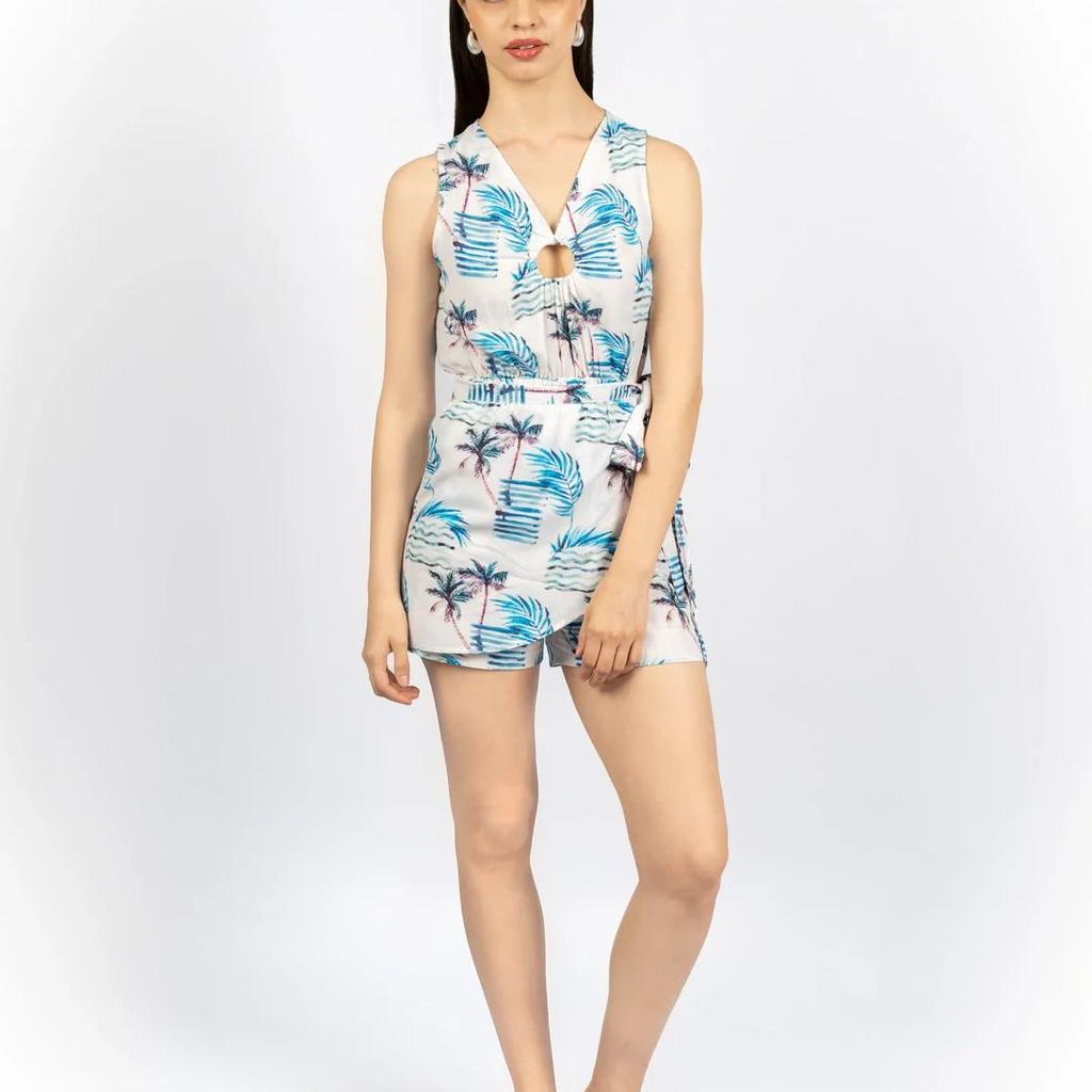 White Printed Fitted Playsuit in Cotton Viscose Linen