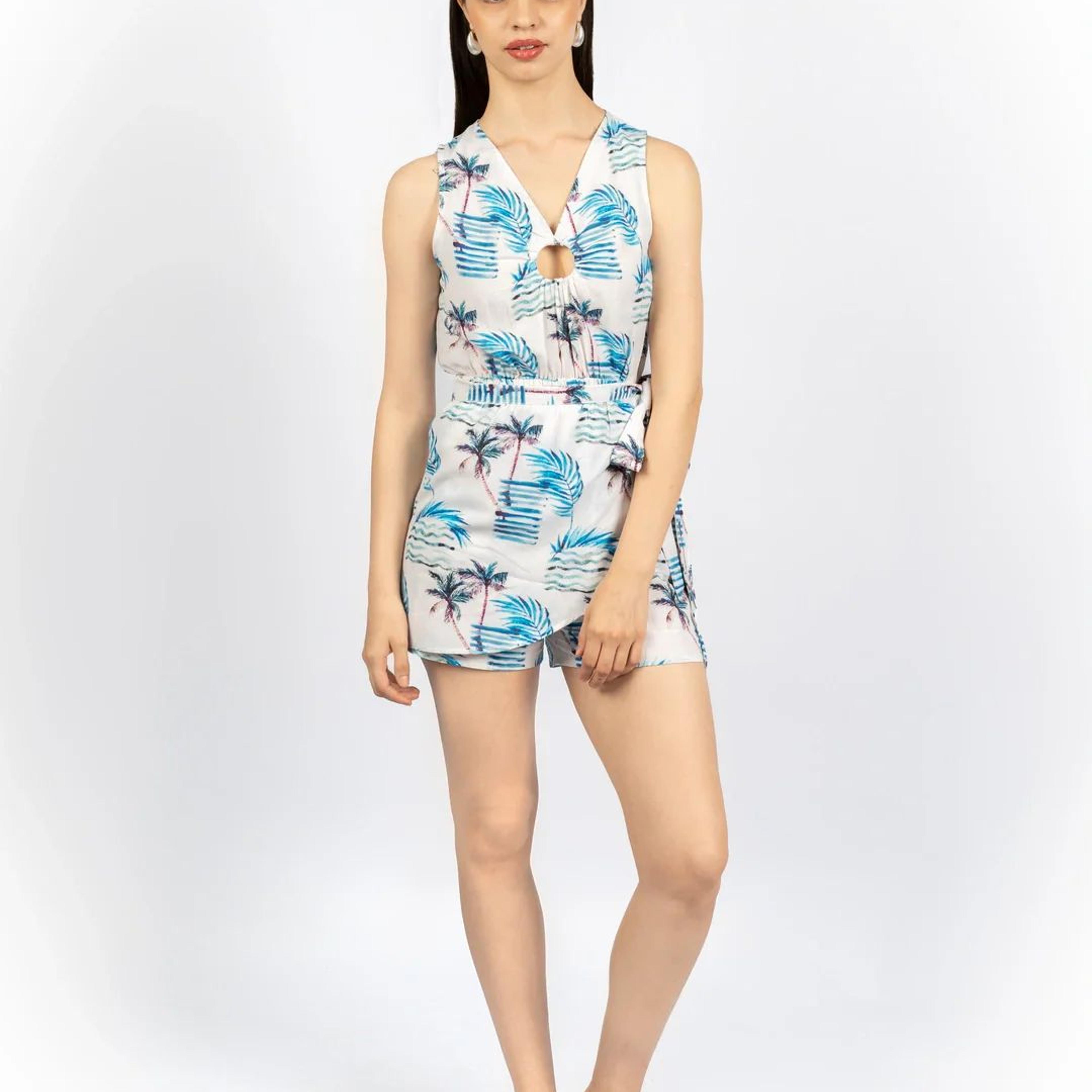 White Printed Fitted Playsuit in Cotton Viscose Linen