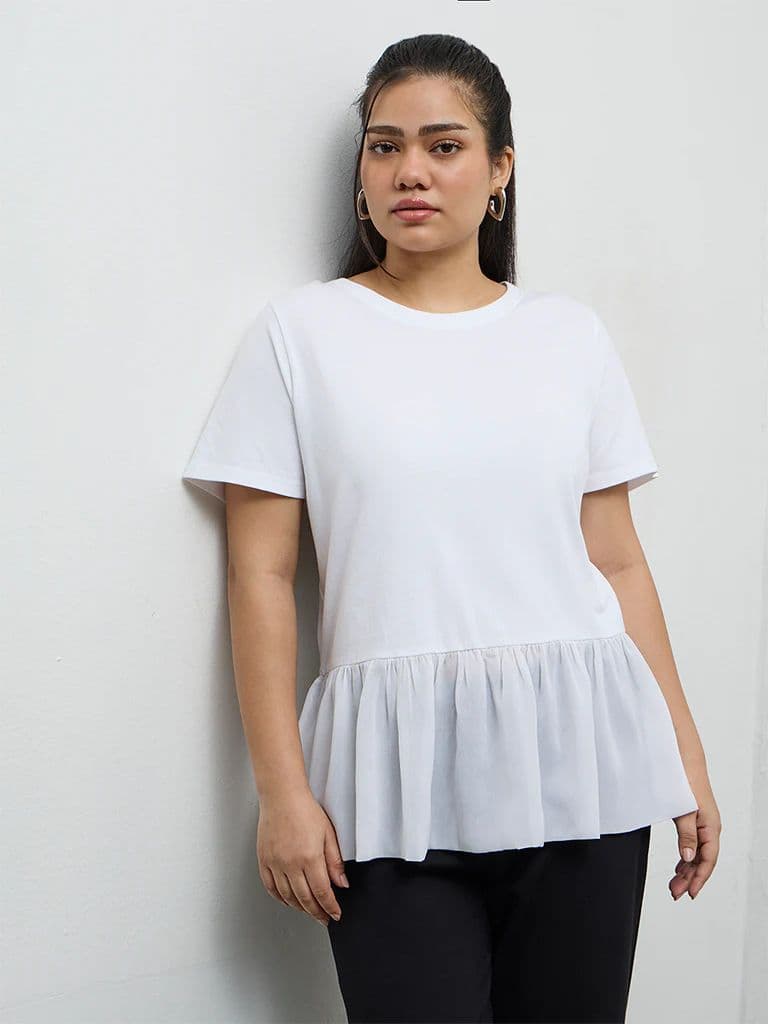 Gia White Ruffled Hem Cotton Top