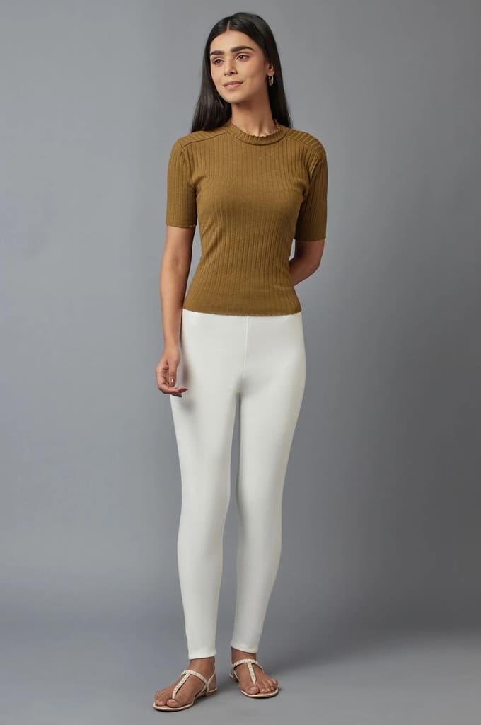 White Solid Skinny Fit Cotton Tights With Elasticated Waistband — photo 5