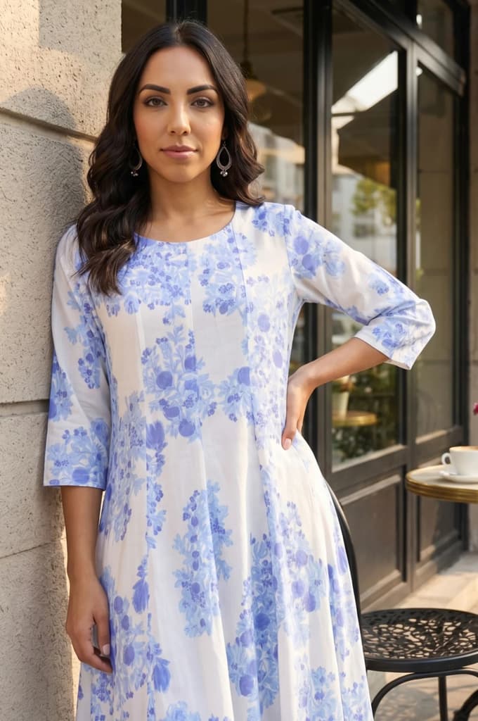 White Floral Printed Cotton Flax Flared Kurta — photo 2