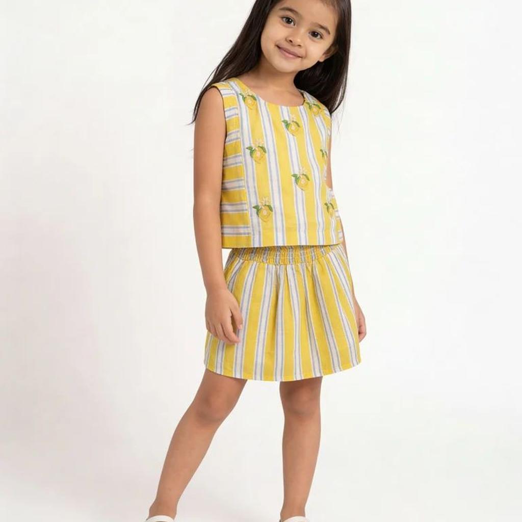 Utsa Kids Girls Yellow Striped Embroidered Cotton Top - (2-8 yrs)
