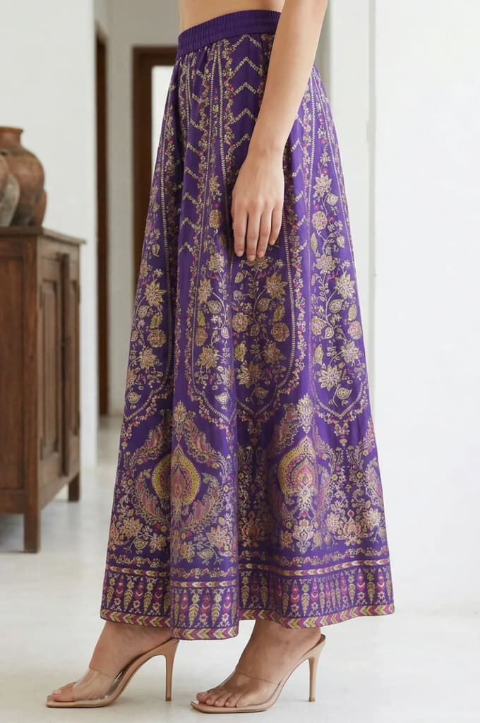 Purple Ethnic Motifs Crepe Wide Leg Ankle Length Skirt — photo 2