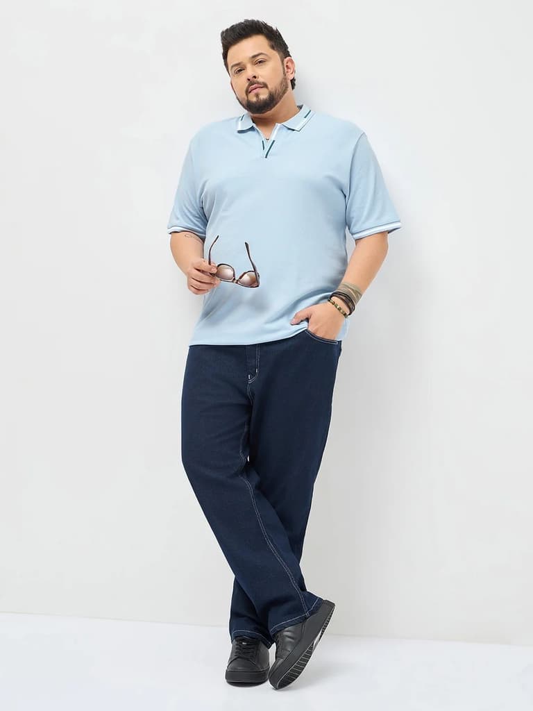 Plus Men's Light Sky Blue Solid Regular Fit Half Sleeve Cotton Polo T-Shirt — photo 4