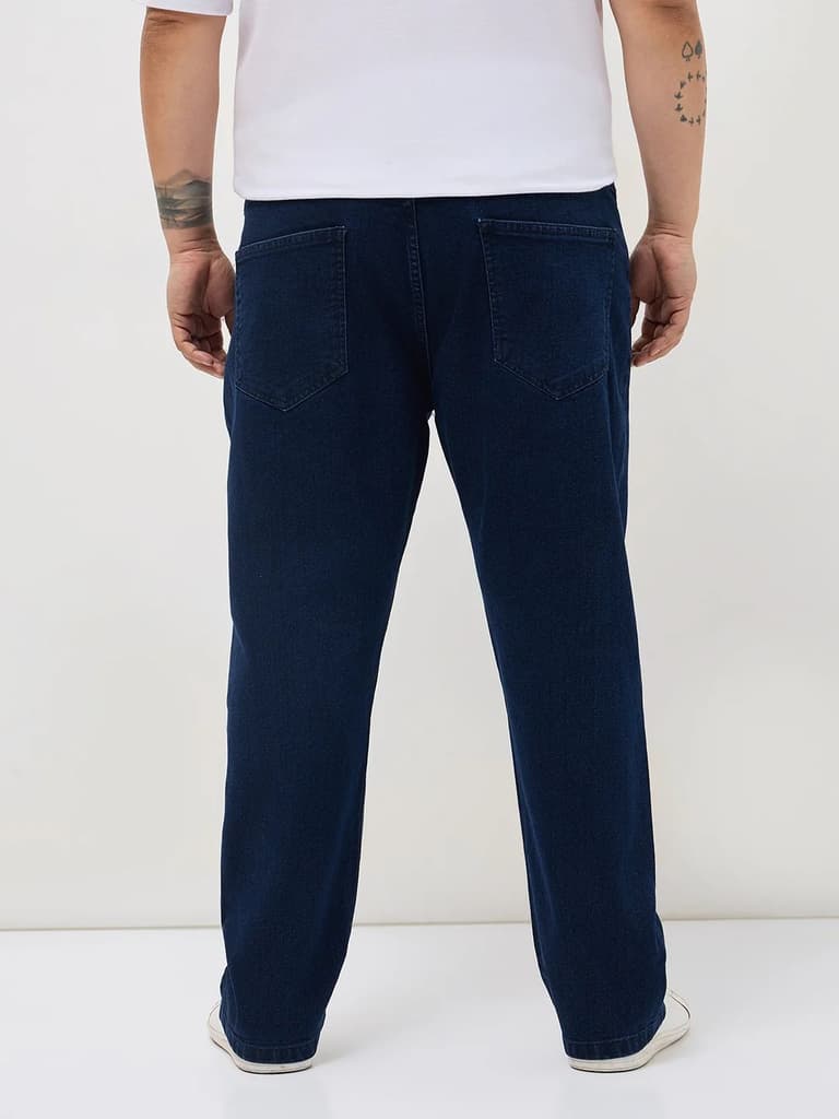 Plus Men's Blue Straight Fit Raw Washed Denim Jeans Stretchable — photo 3