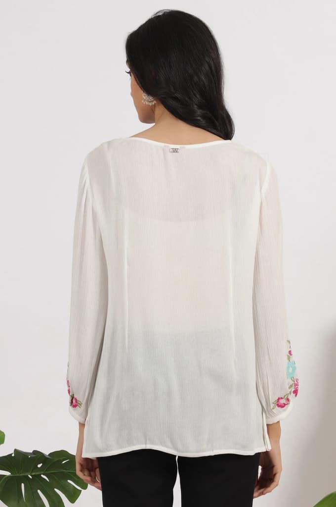 White Embroidered Rayon Crepe Straight Top — photo 6