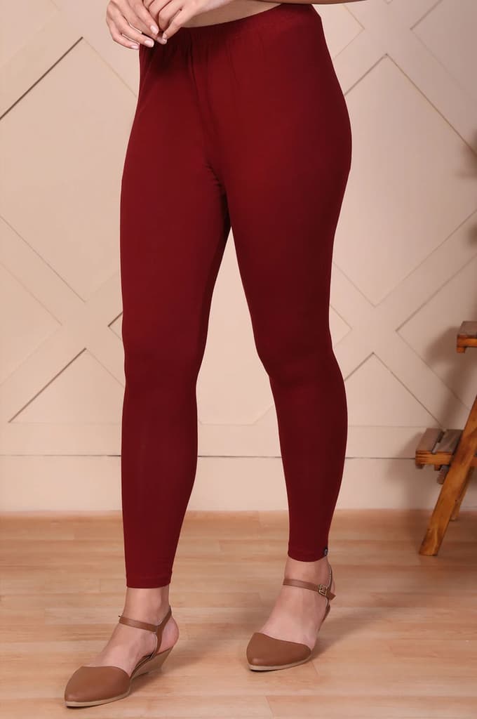 Elleven Women's Maroon Solid Ankle-Length Cotton Leggings — photo 2