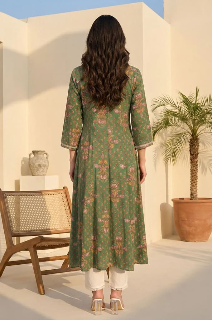 Green Floral Printed Tape Zari Anarkali Kurta — photo 4