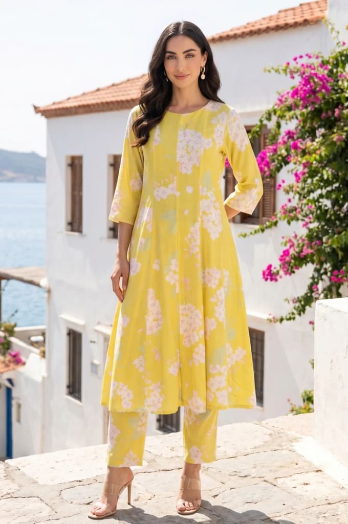 Yellow Floral Printed Cotton Flax Flared Kurta — XS