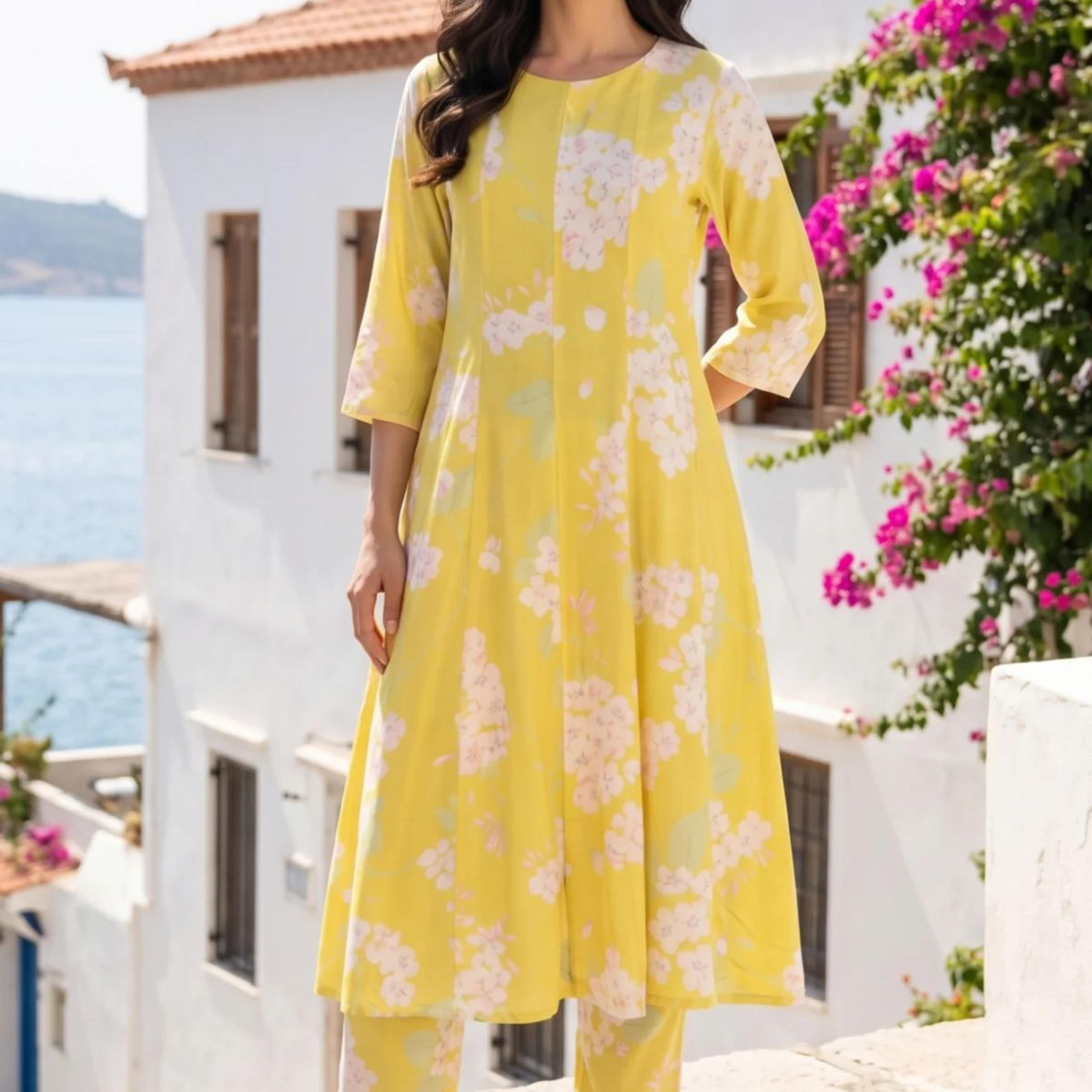 Yellow Floral Printed Cotton Flax Flared Kurta