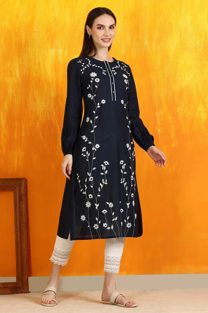 Black Thread Embroidered Cotton Modal Straight Kurta — photo 6