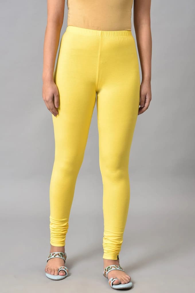 Yellow Solid Skinny Fit Cotton High Waisted Churidar