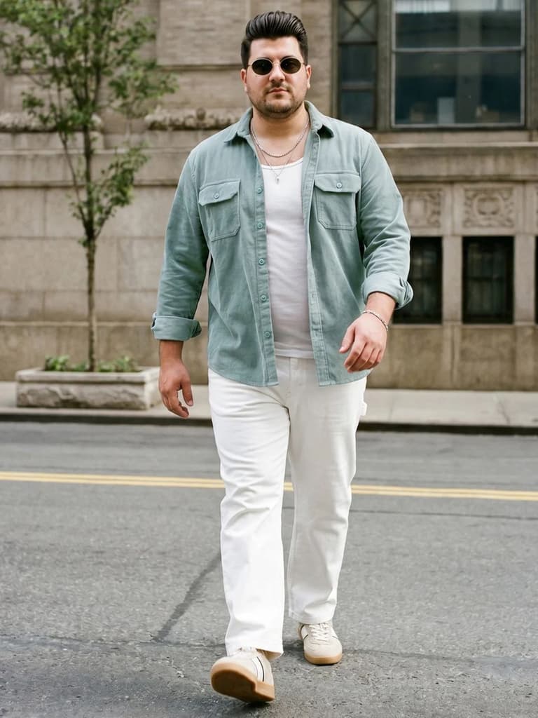 Plus Men's Light Blue Corduroy Full Sleeve Regular Fit Solid Overshirt with Utility Pockets — photo 4