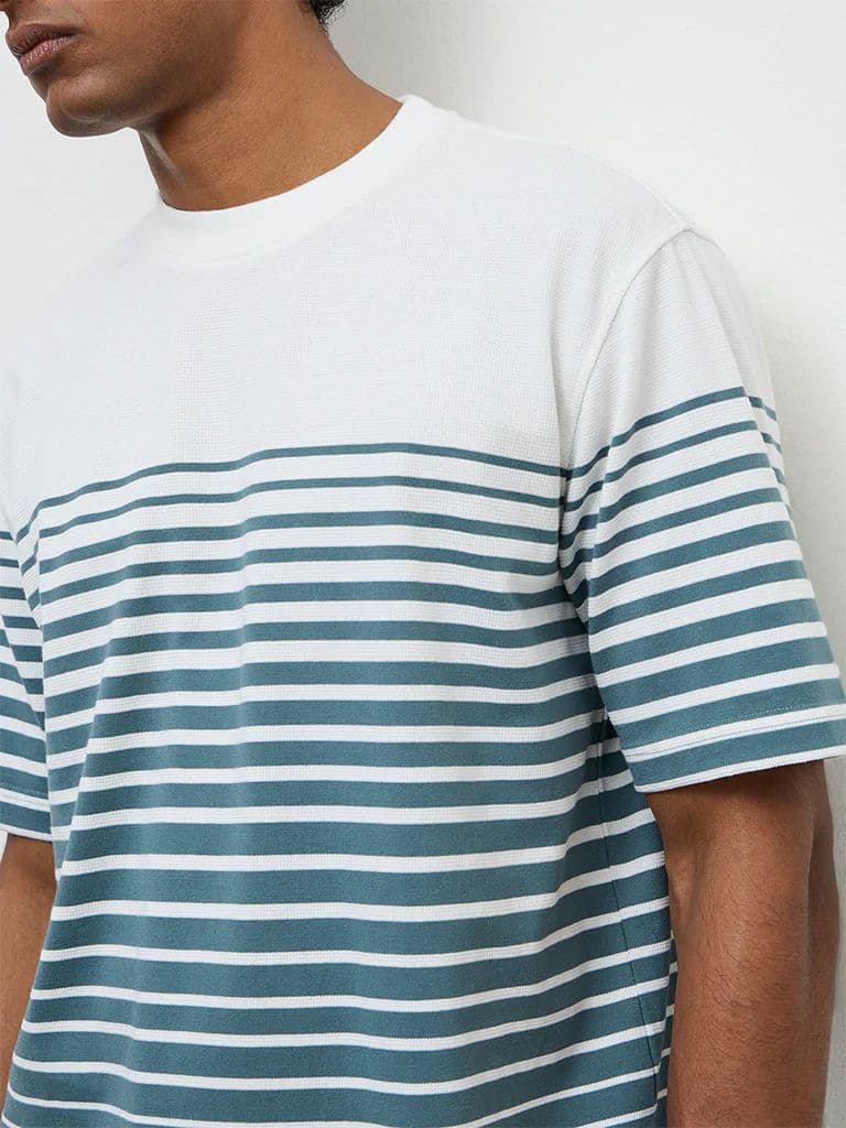 WES Lounge Teal Striped Relaxed-Fit Cotton T-Shirt — photo 3