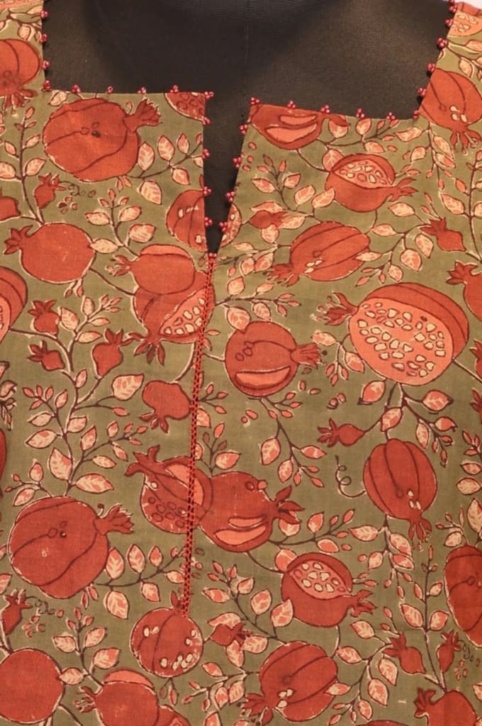 Olive Floral Printed Beadwork Pure Cotton Straight Kurta — photo 2
