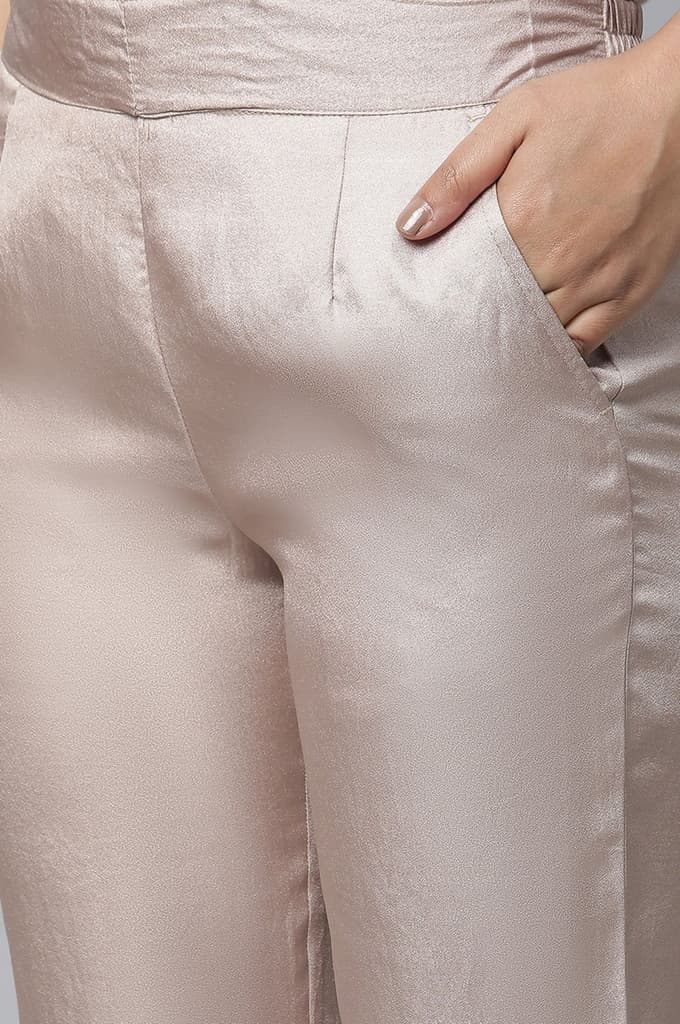 Gold Solid Straight Fit Satin Pants With Elasticated Waist — photo 7