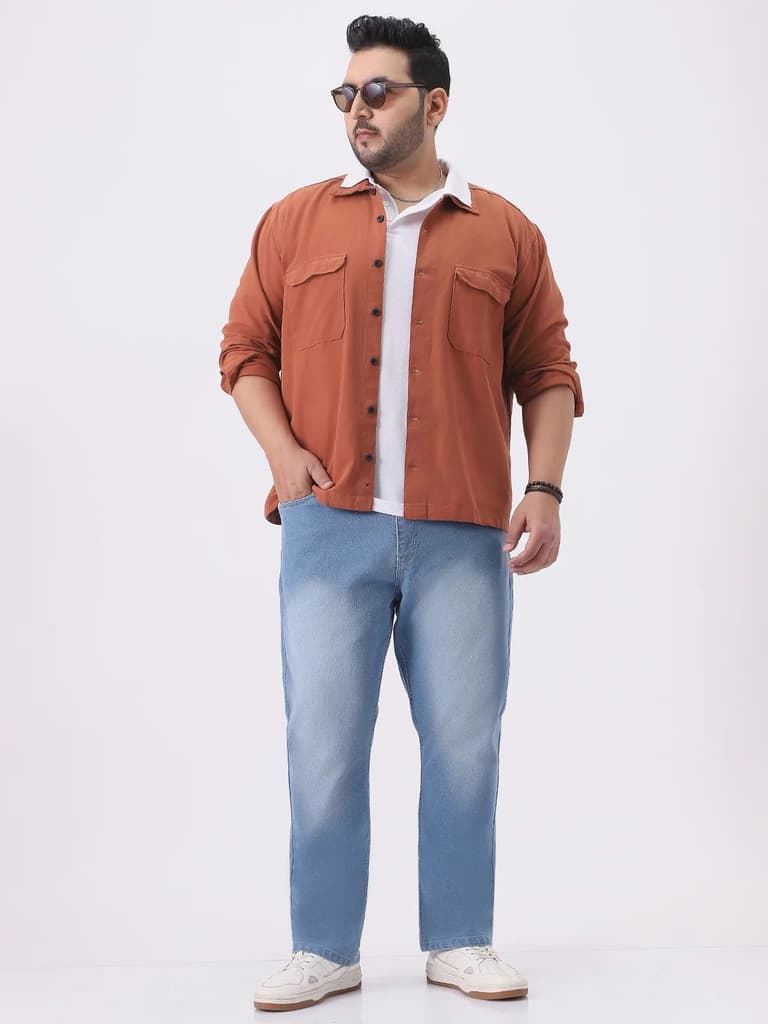 Plus Men's Rust Cotton Full Sleeve Relaxed Fit Shacket with Utility Pockets — photo 2