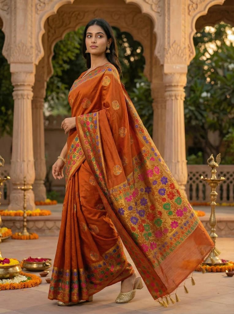 MIMOSA Women's Woven Design Paithani Style Raw Silk Saree with Blouse Piece - Rust ( SA00003127RSFREE ) — photo 3