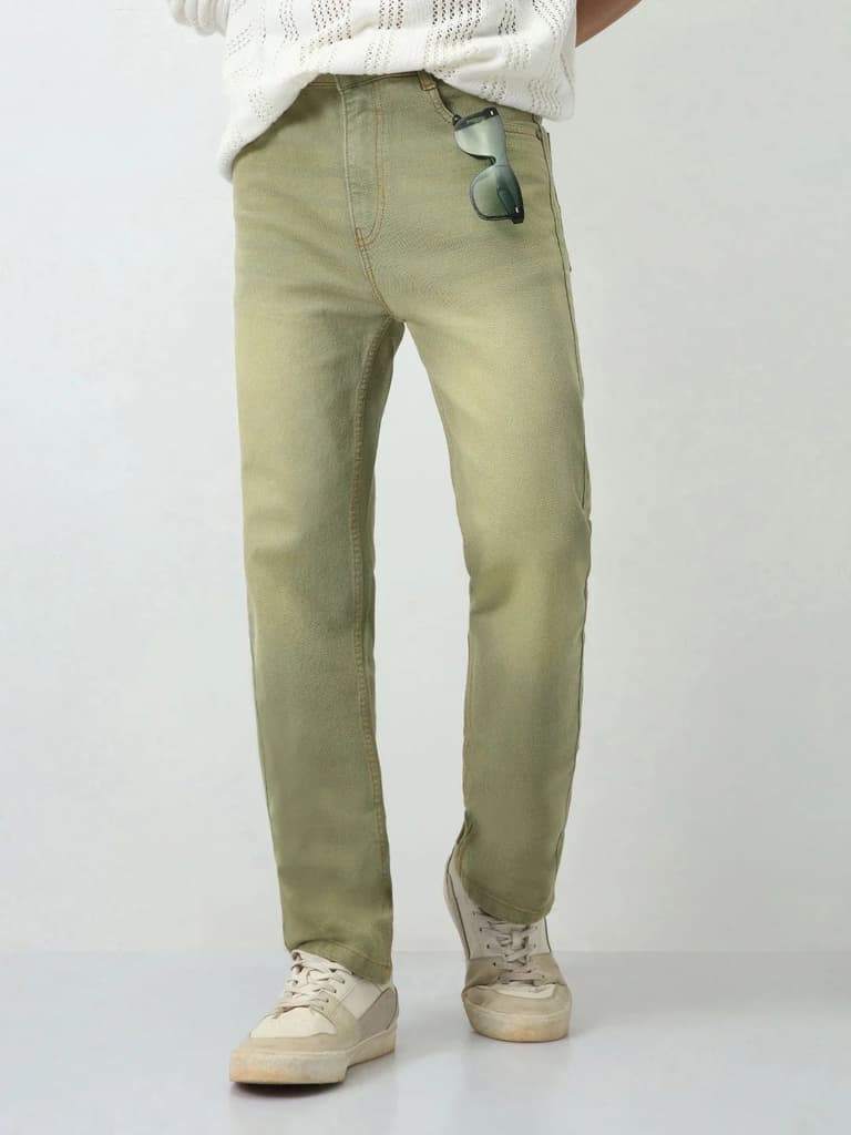 Men's Ice Grey Straight Fit Heavy Washed Jeans Stretchable