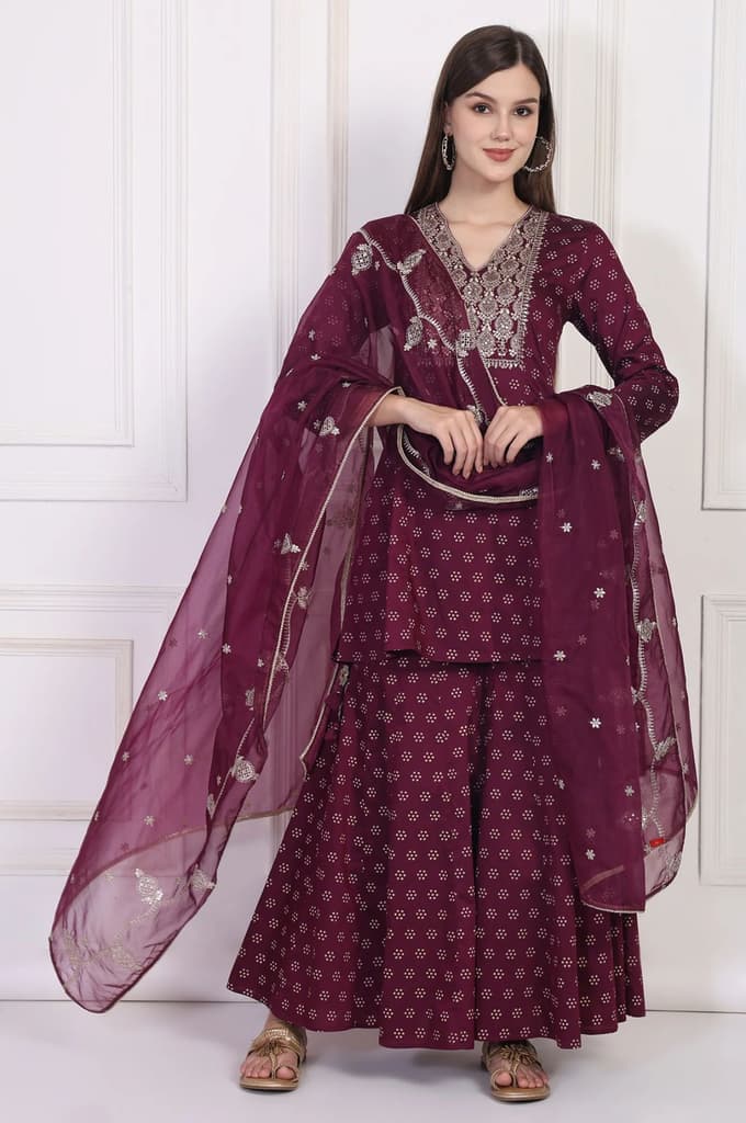 Maroon Embroidered A-Line Rayon Kurta with Sharara and Dupatta Set — photo 2