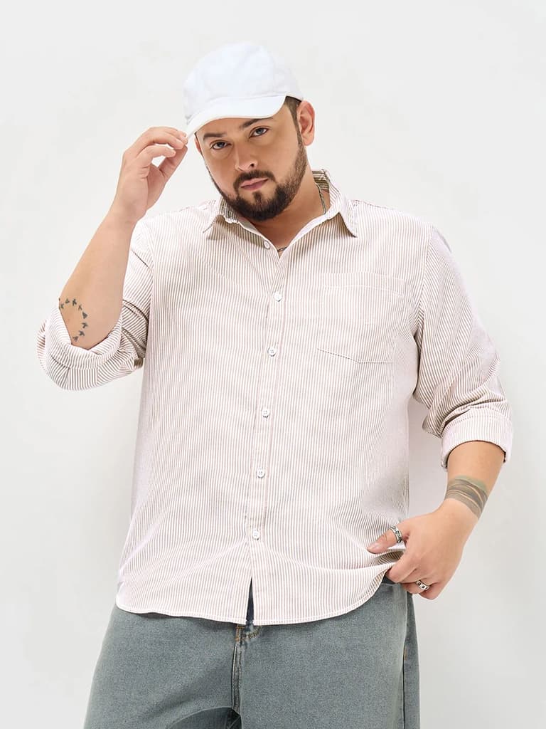 Plus Men's Light Pink Cotton Full Sleeve Regular Fit Casual Striped Shirt — photo 2