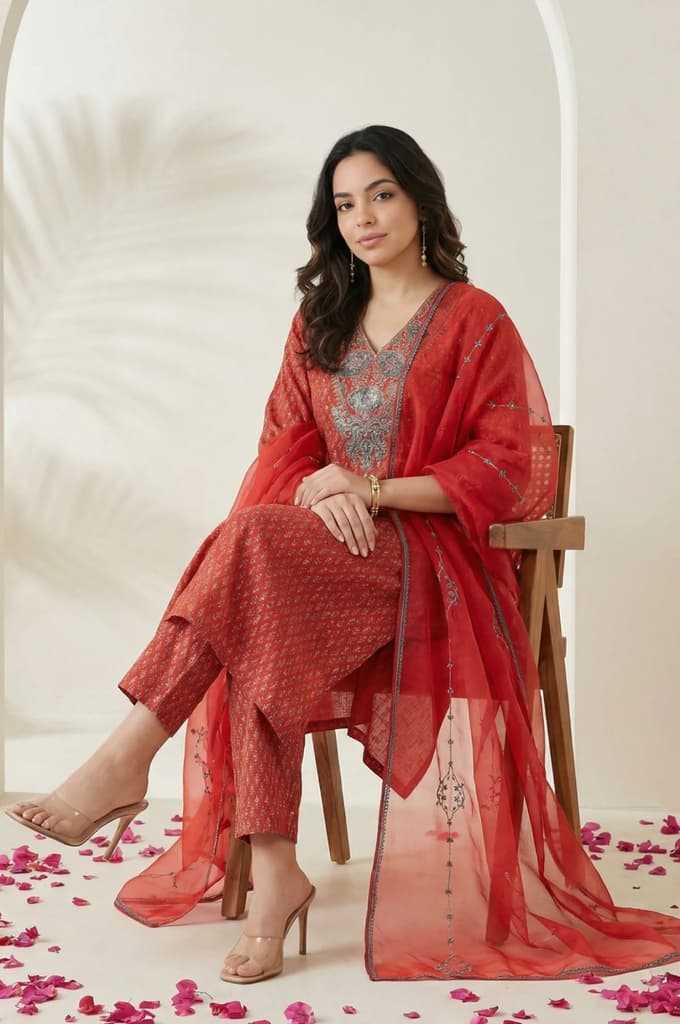 Red Floral Printed Sequins Chanderi Straight Kurta with Straight Pants and Dupatta Set — photo 3