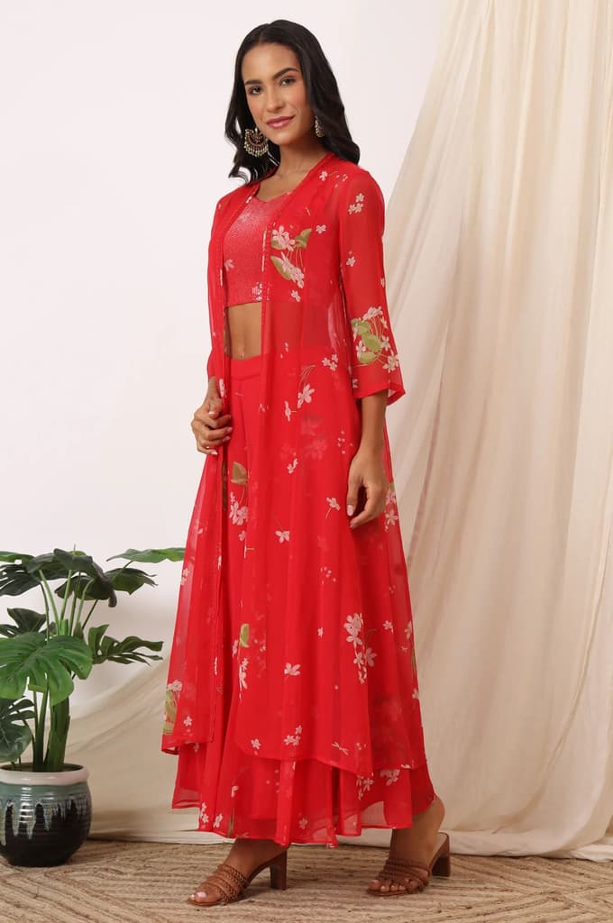 Red Floral Printed Chiffon Jacket, Crop Top and Culottes Set — photo 4