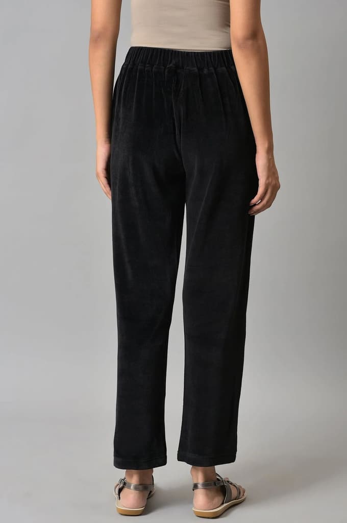Black Solid Straight Fit Cotton Trousers With Elasticated Waist — photo 3