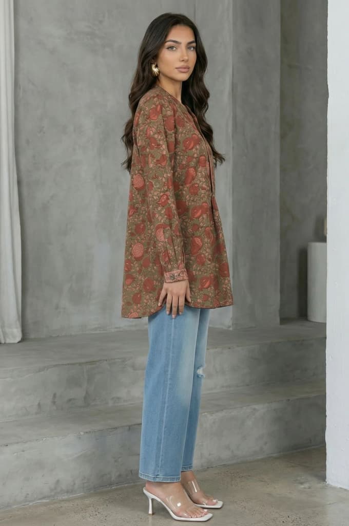 Olive Floral Printed Pure Cotton Straight Top — photo 5