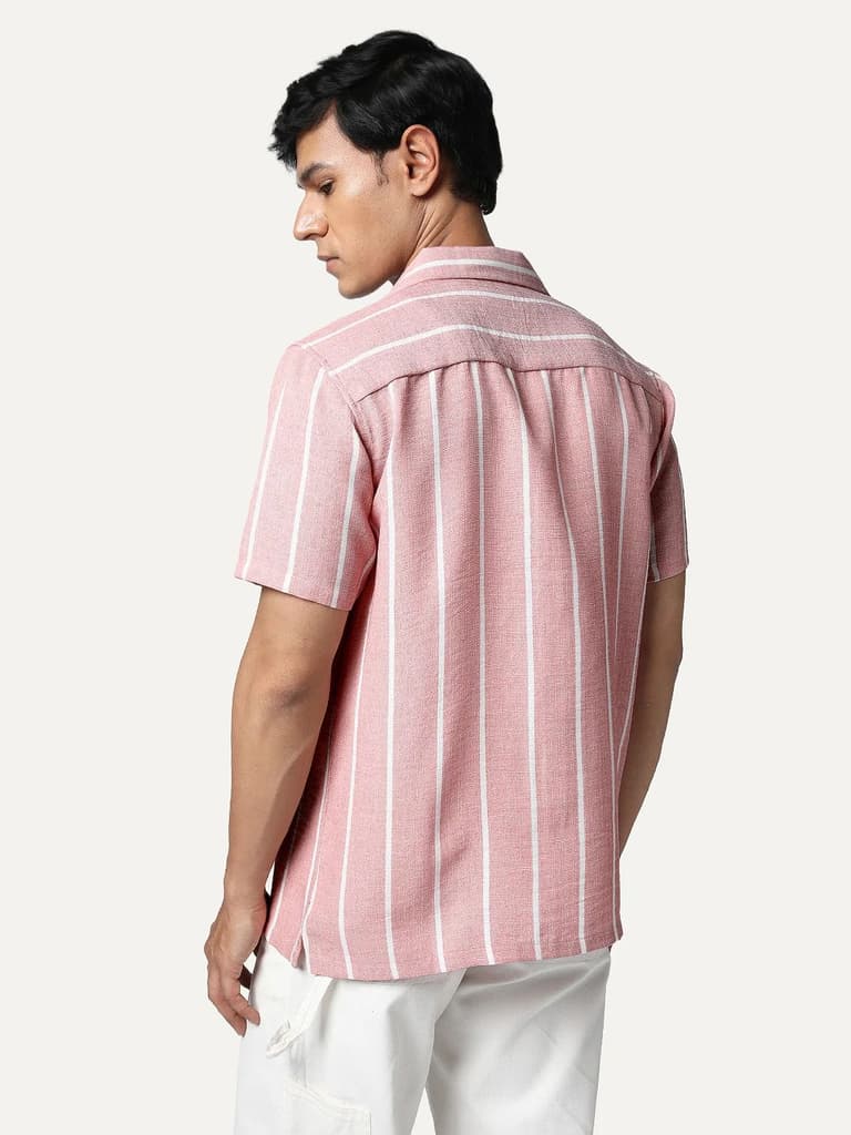 Men's Pink Cotton Half Sleeve Relaxed Fit Linen Striped Shirt with Cuban Collar — photo 4