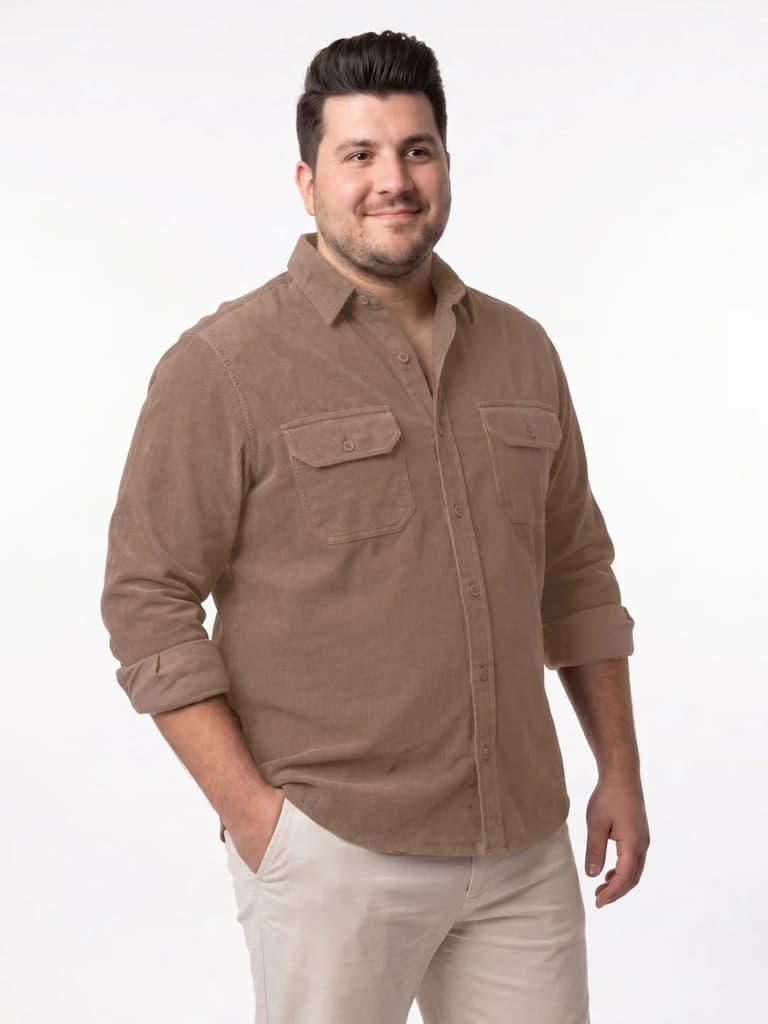 Plus Men's Taupe Corduroy Full Sleeve Regular Fit Solid Overshirt with Utility Pockets — photo 2