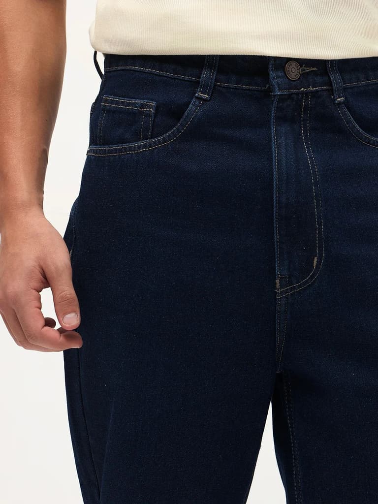 Men's Dark Blue Loose Baggy Fit Raw Washed Denim Jeans Non-Stretchable — photo 6