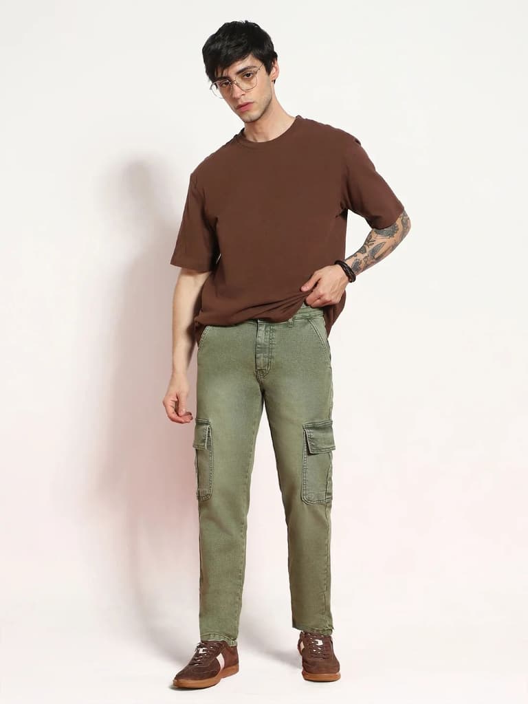Men's Olive Green Regular Fit Washed Cargo Jeans With 6 Pockets Stretchable — photo 5