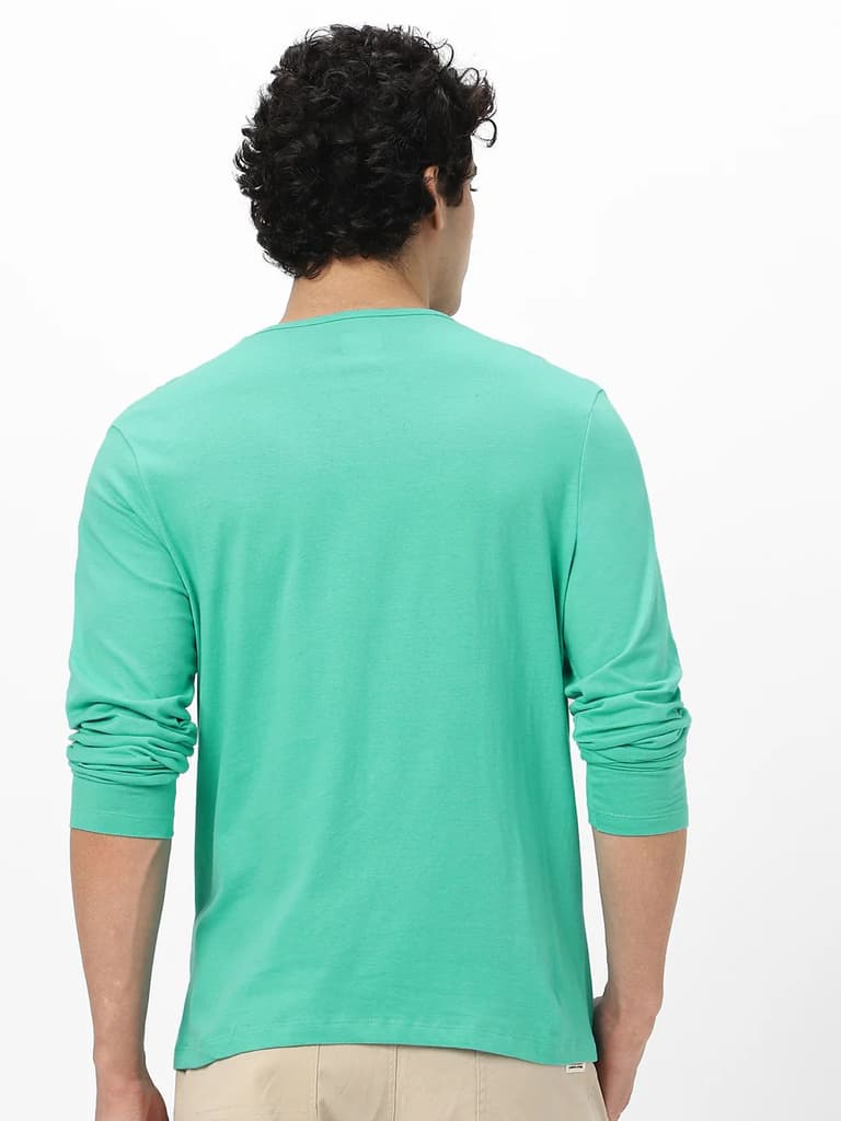 Men's Teal Green Solid Henley Neck Slim Fit Full Sleeve Cotton T-Shirt — photo 3