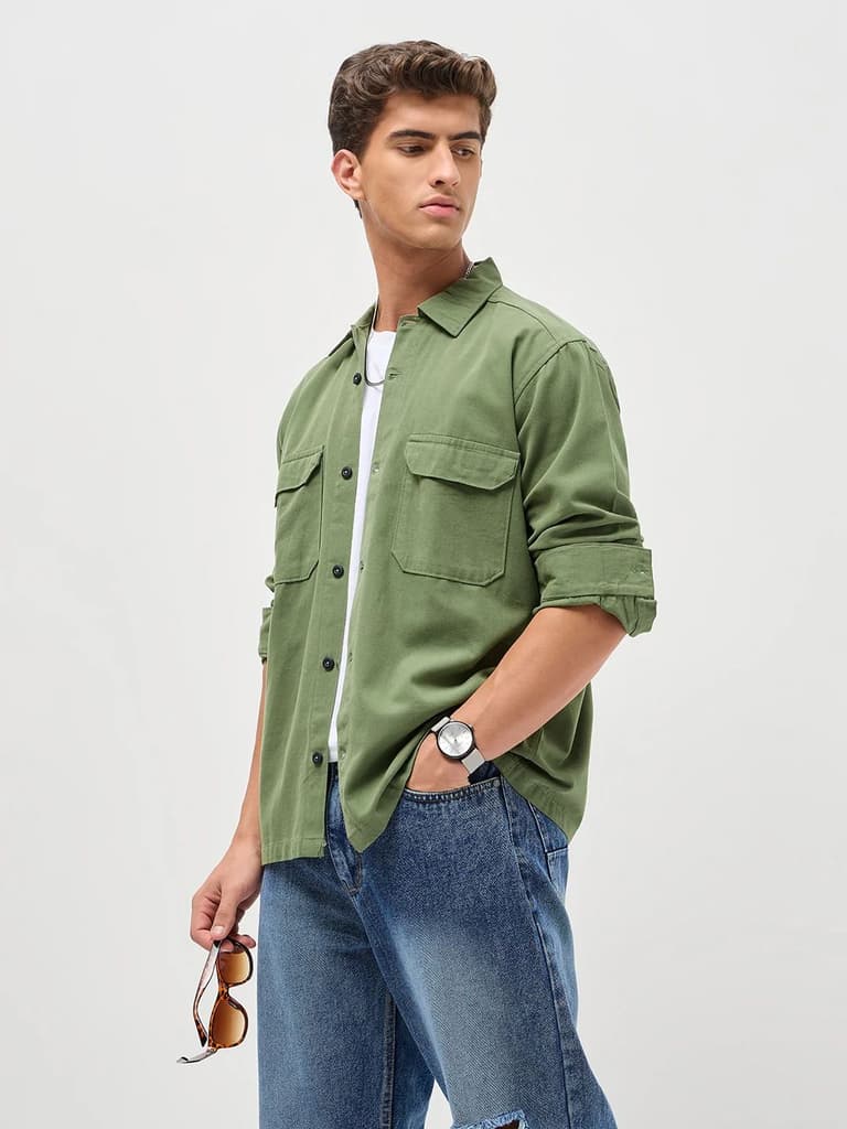 Men's Green Cotton Full Sleeve Relaxed Fit Shacket with Utility Pockets — photo 2