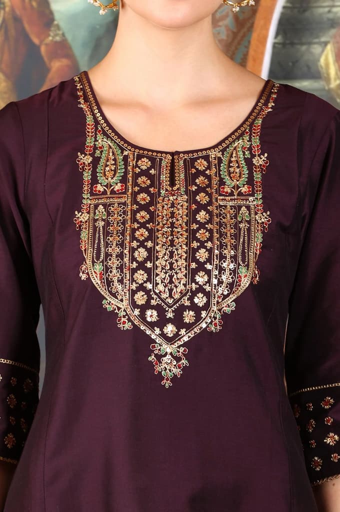 Wine Embroidered A-Line Silk Blend Kurta with Straight Pant and Dupatta Set — photo 3