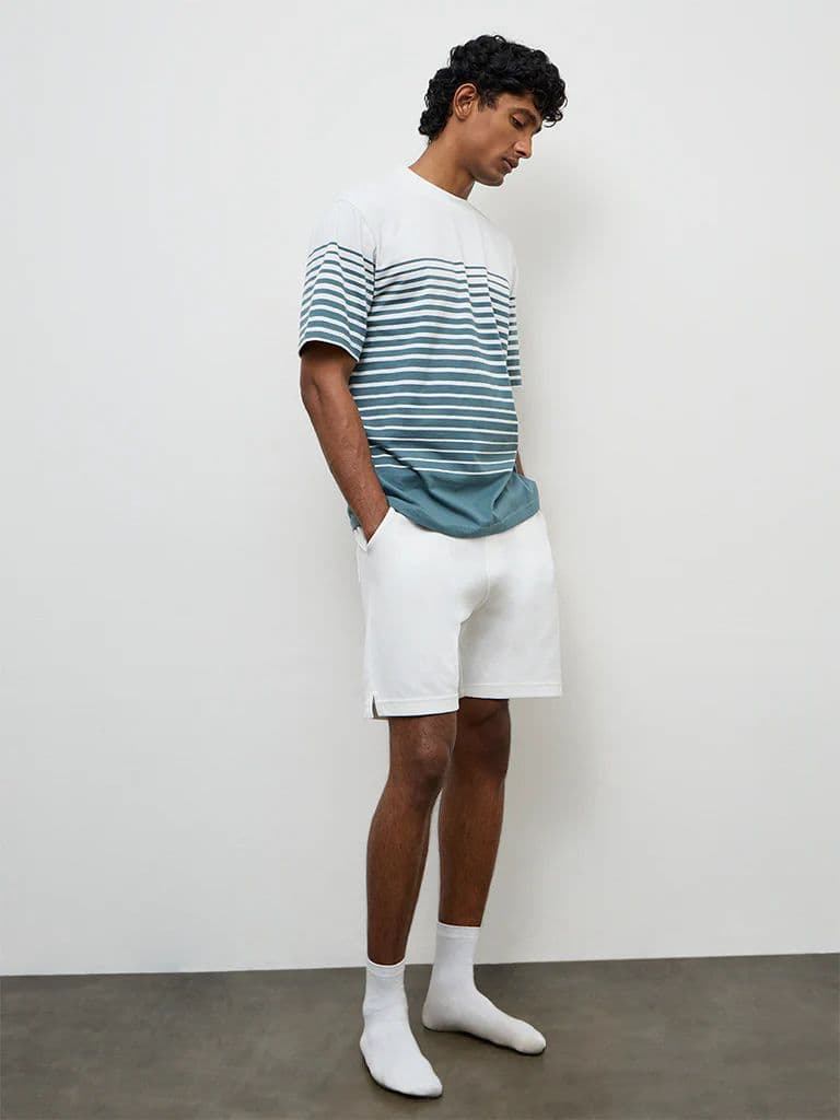 WES Lounge Teal Striped Relaxed-Fit Cotton T-Shirt — photo 2