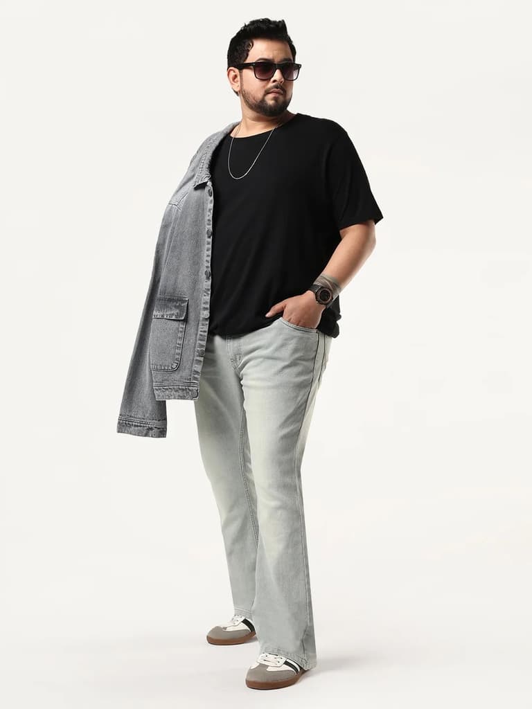 Plus Men's Ice Grey Bootcut Fit Mid Rise Tinted Heavy Washed Jeans Stretchable — photo 4