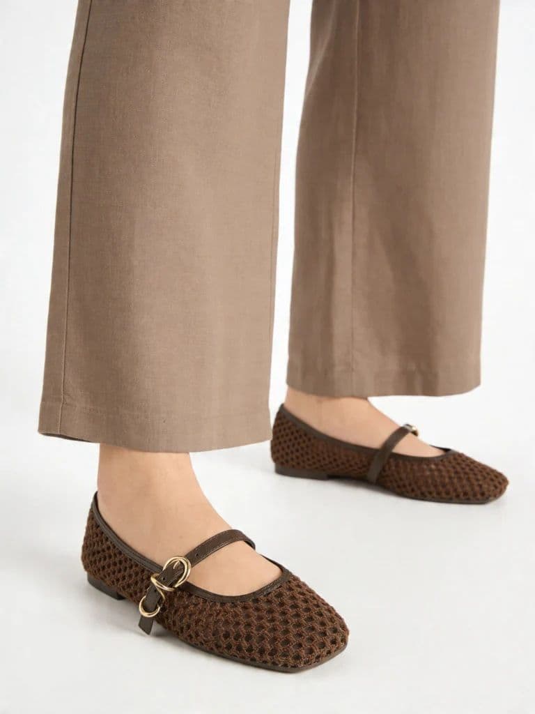 LUNA BLU Brown Crochet-Textured Mary Jane Shoes