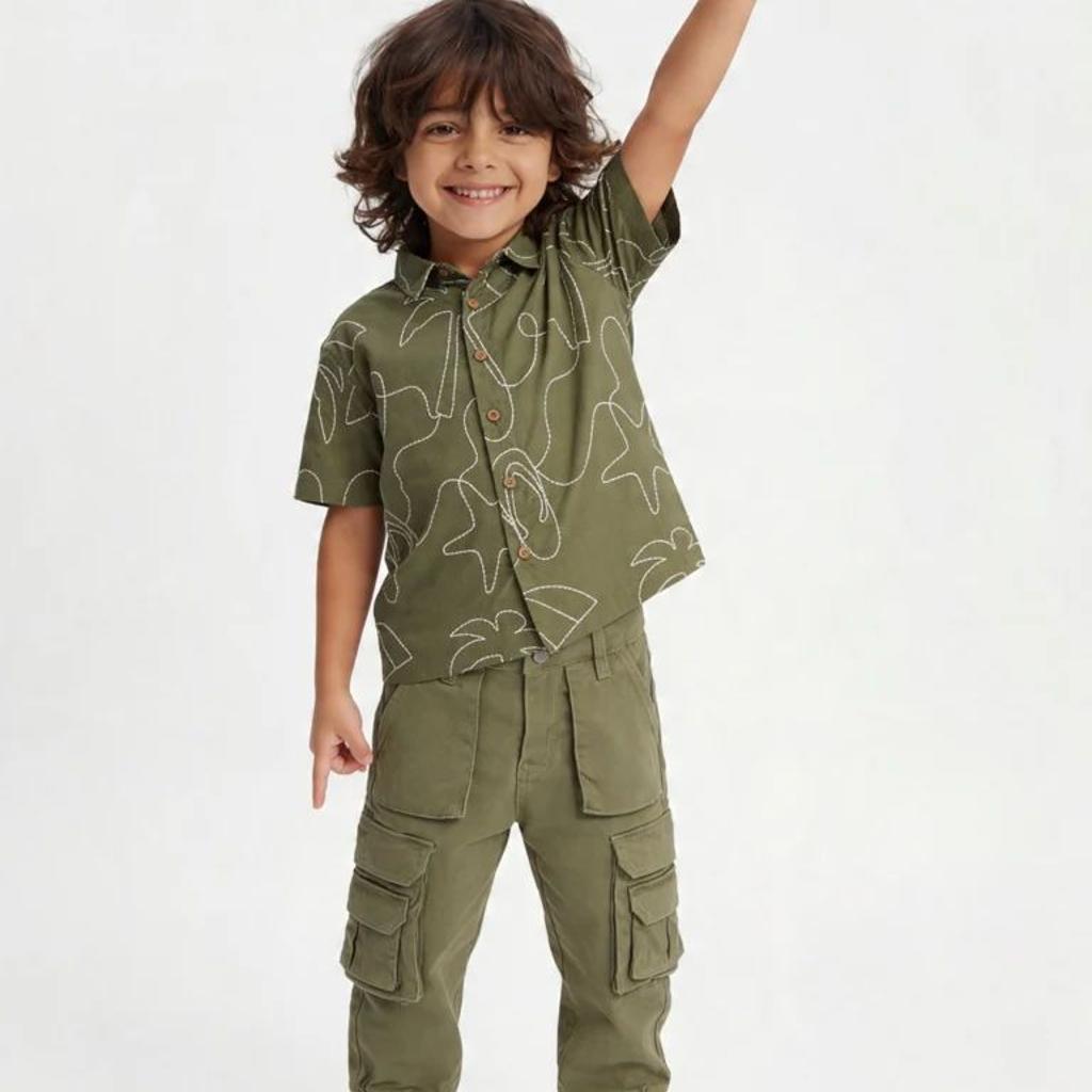 HOP Kids Boys Olive Embroidered Cotton Shirt