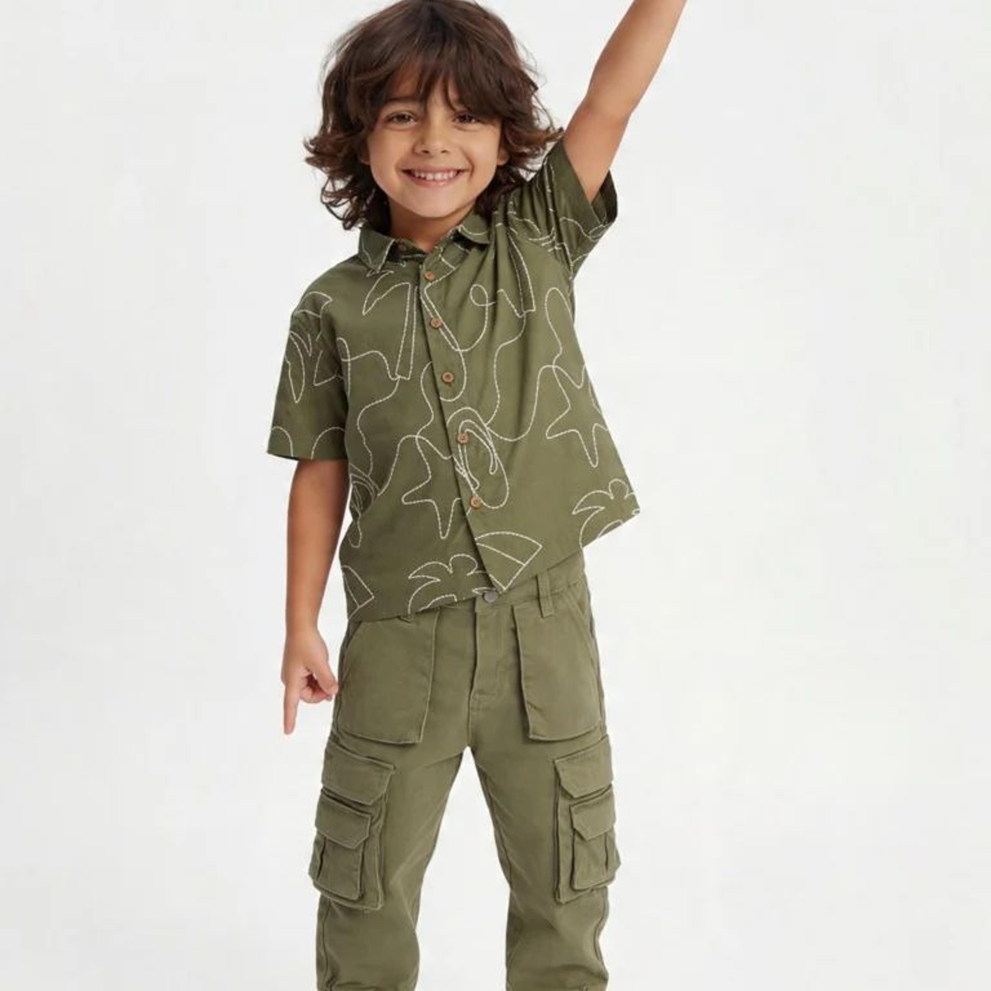 HOP Kids Boys Olive Embroidered Cotton Shirt