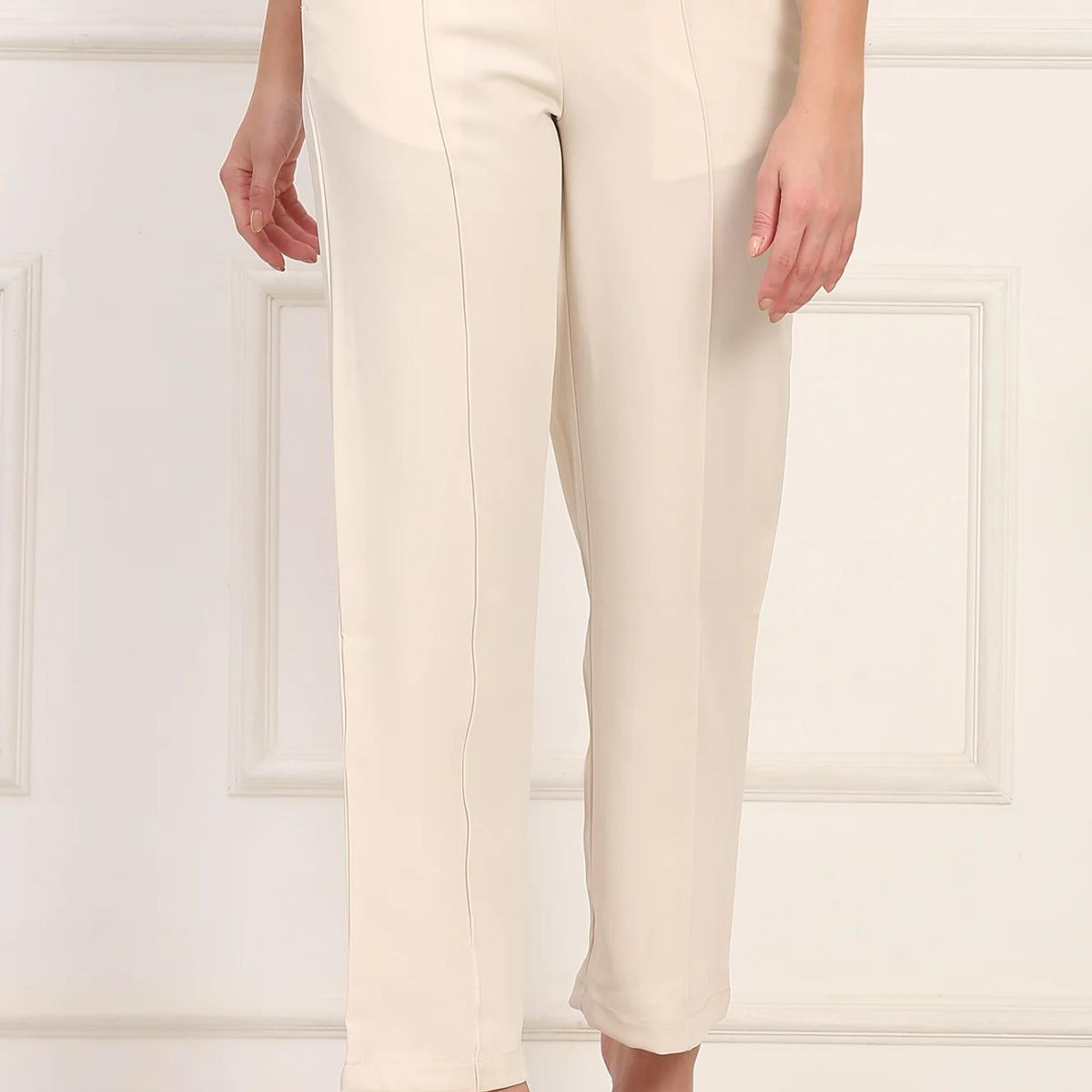 Beige Solid Straight Woven Pant Pant with YKK Zipper