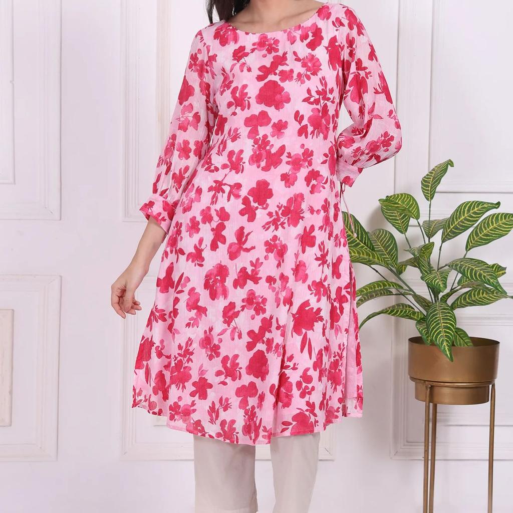 Pink Floral Printed Cotton Crepe Curved A-line Kurta