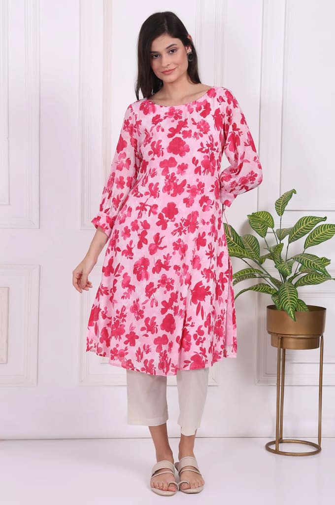 Pink Floral Printed Cotton Crepe Curved A-line Kurta — XS