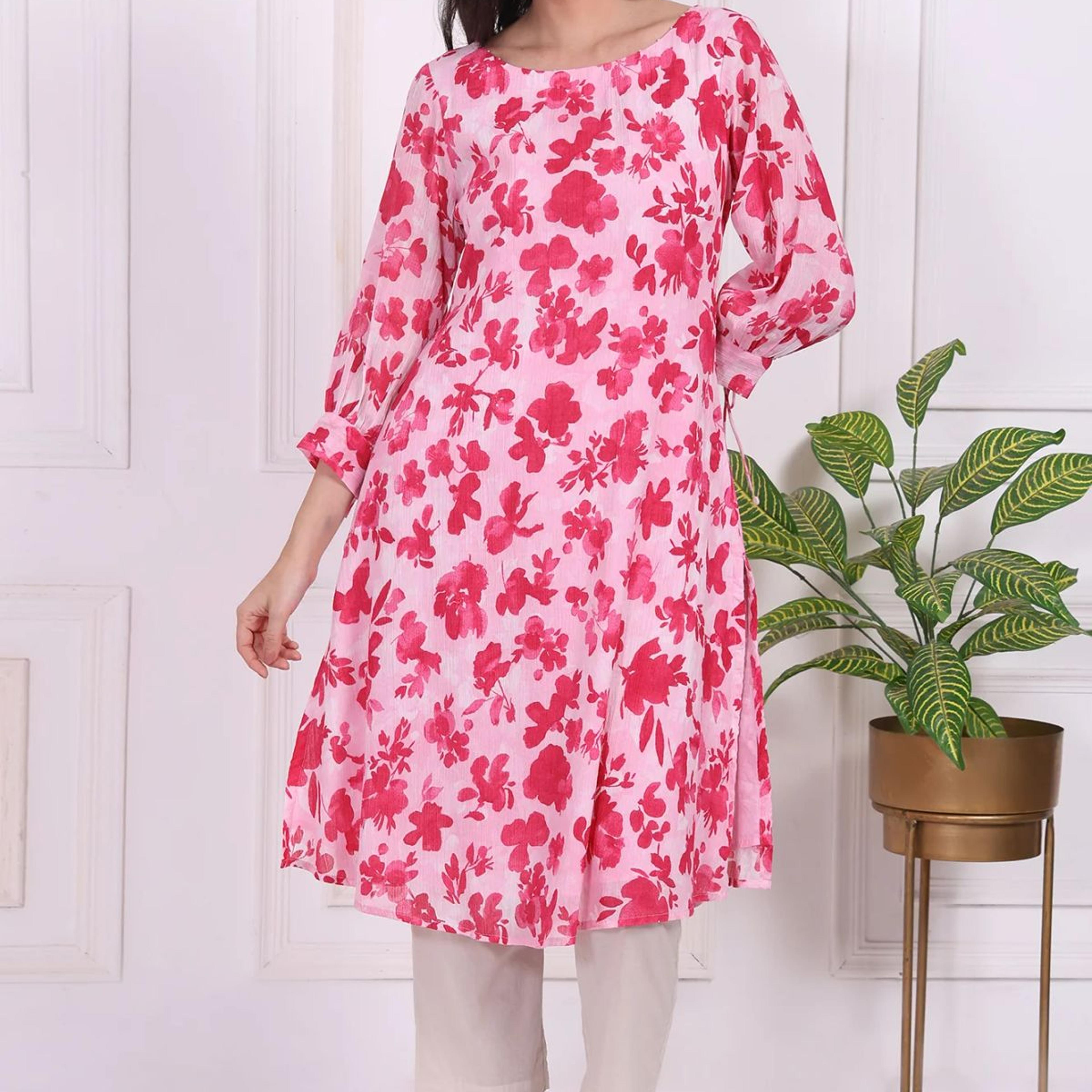 Pink Floral Printed Cotton Crepe Curved A-line Kurta