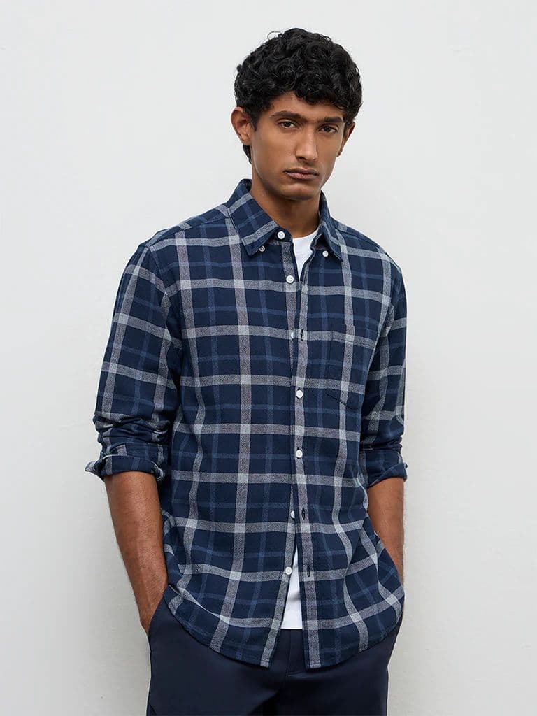 WES Casuals Navy Checkered Relaxed-Fit Cotton Shirt — photo 2